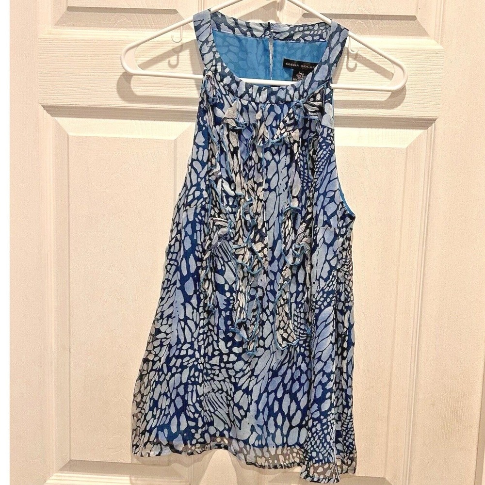 Elena Solano Womens Blue 100%‎ Silk Ruffle Halter Neck Abstract Print Blouse M